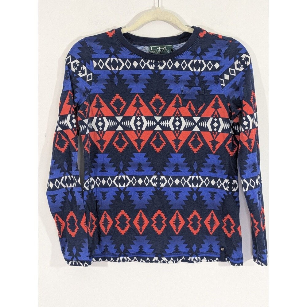 L-RL Lauren Active Ralph Lauren Aztec Print Long Sleeve T Shirt Tee Top Size M